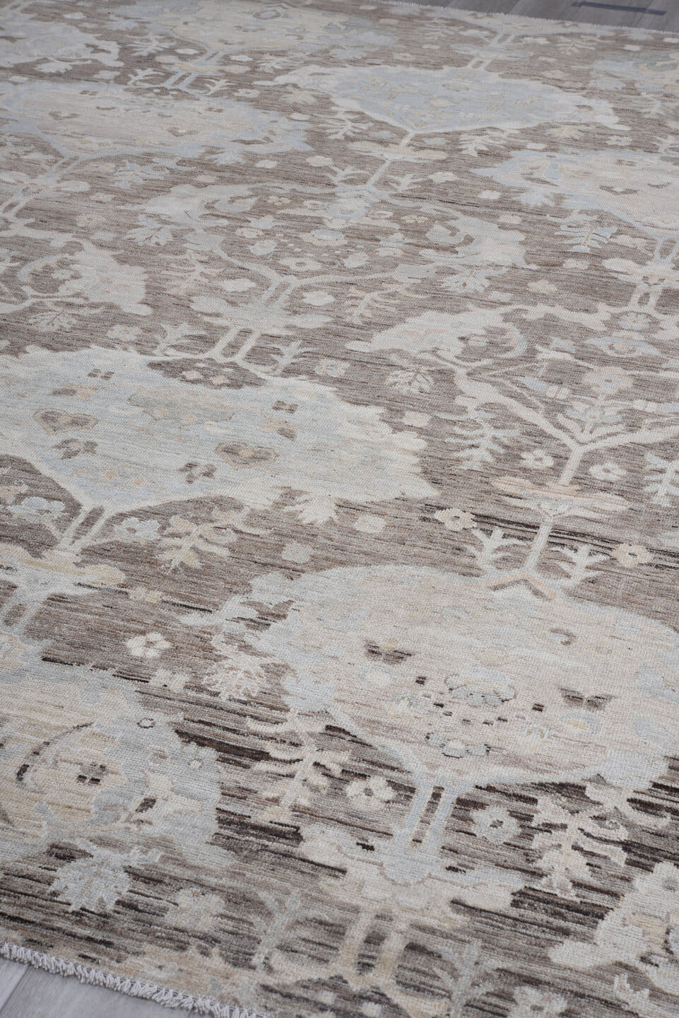 9' x 12' one-of-a-kind handmade vintage Oushak large size rug. Color palette: taupe, ivory, pale blue, brown, cream, gold