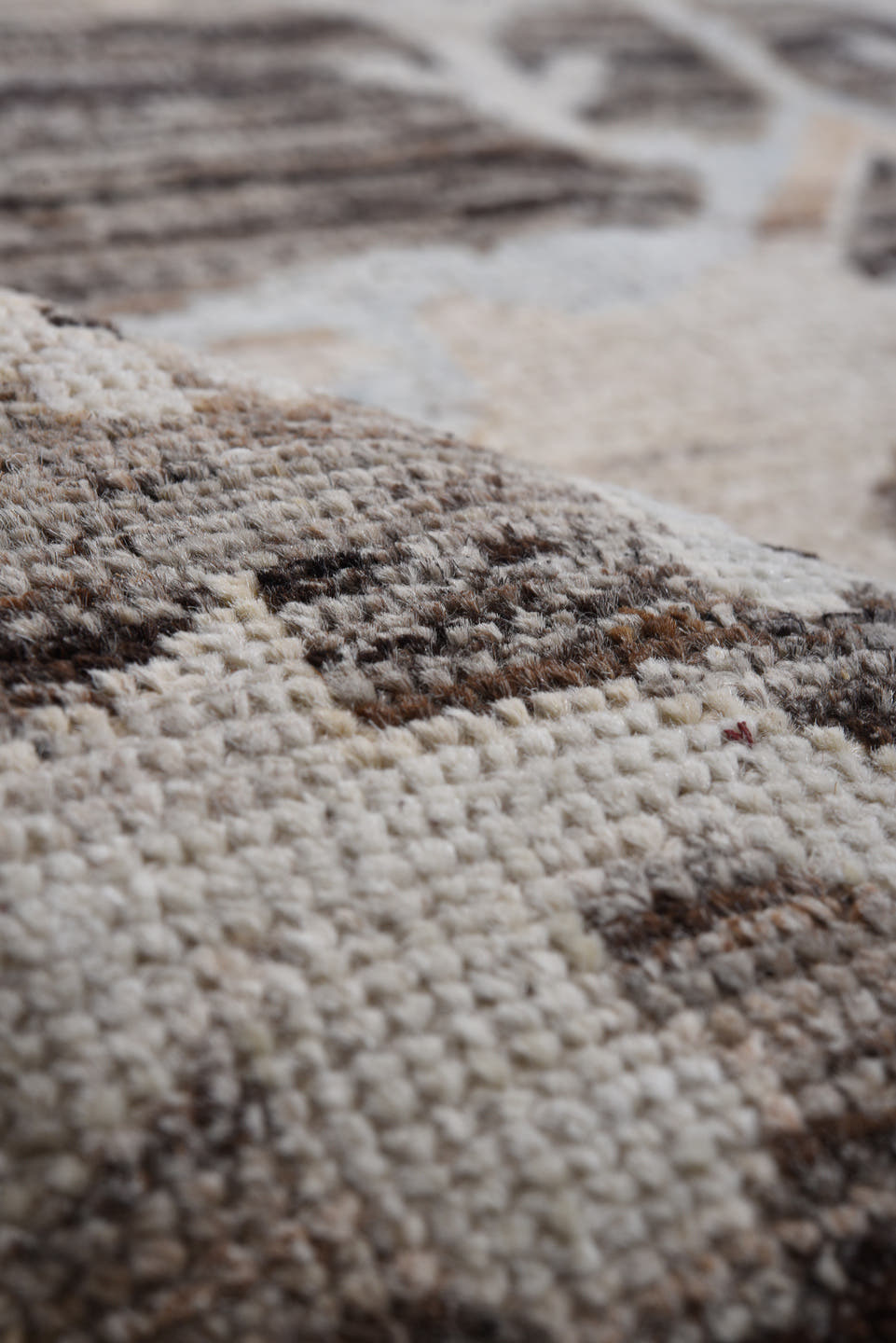 9' x 12' one-of-a-kind handmade vintage Oushak large size rug. Color palette: taupe, ivory, pale blue, brown, cream, gold