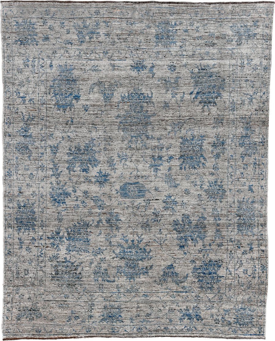 8' x 10' one-of-a-kind handmade vintage Tulu large size rug. Color palette: ivory, blue, charcoal, slate, taupe, gray, black