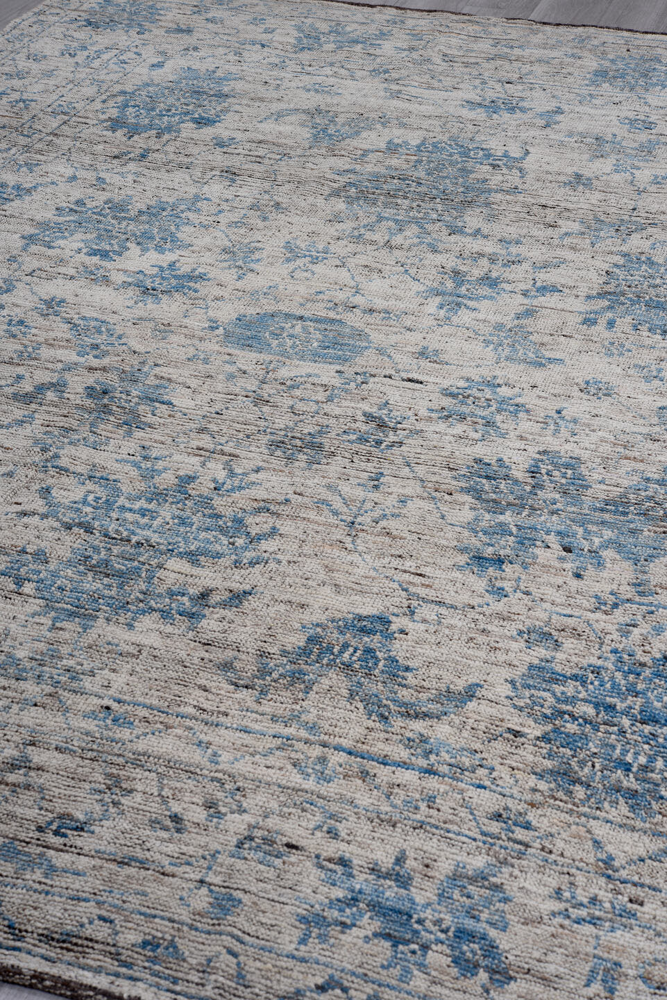 8' x 10' one-of-a-kind handmade vintage Tulu large size rug. Color palette: ivory, blue, charcoal, slate, taupe, gray, black