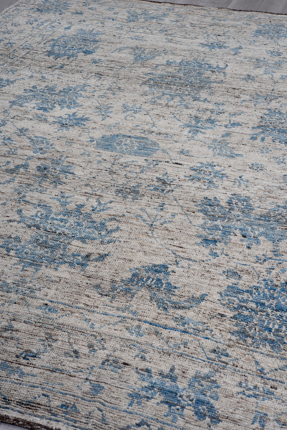 8' x 10' one-of-a-kind handmade vintage Tulu large size rug. Color palette: ivory, blue, charcoal, slate, taupe, gray, black