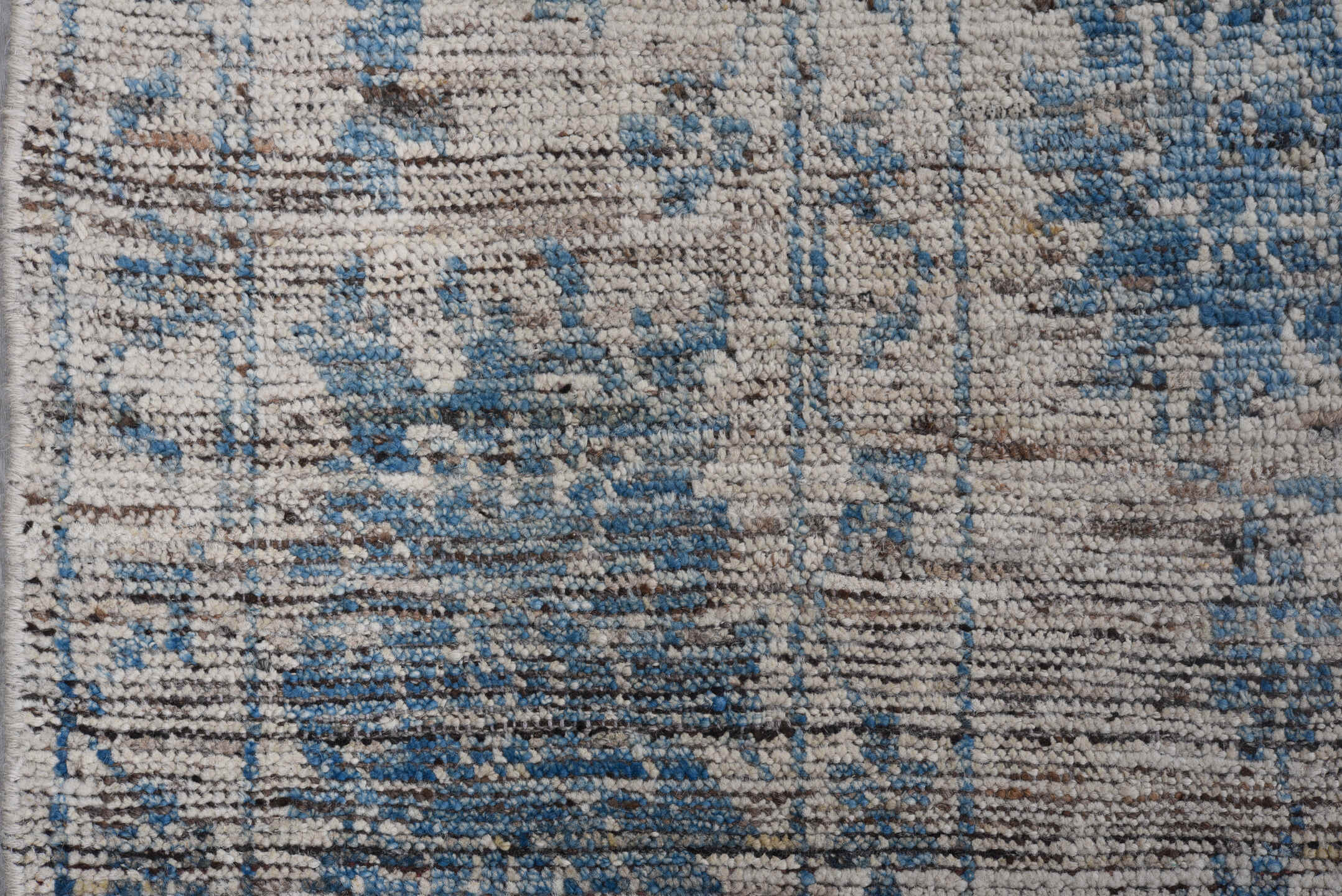 8' x 10' one-of-a-kind handmade vintage Tulu large size rug. Color palette: ivory, blue, charcoal, slate, taupe, gray, black