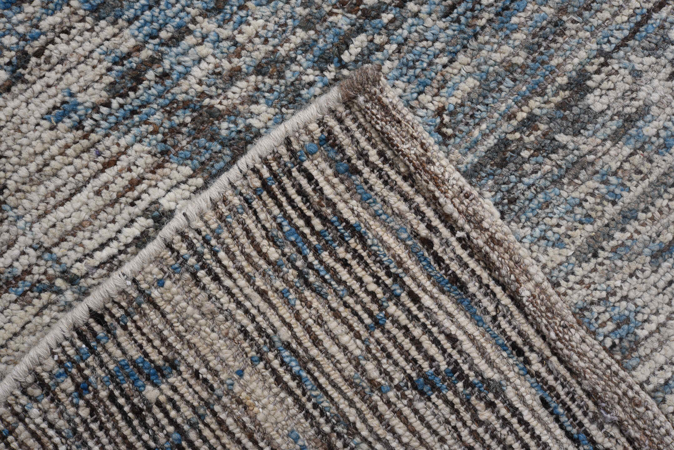 8' x 10' one-of-a-kind handmade vintage Tulu large size rug. Color palette: ivory, blue, charcoal, slate, taupe, gray, black