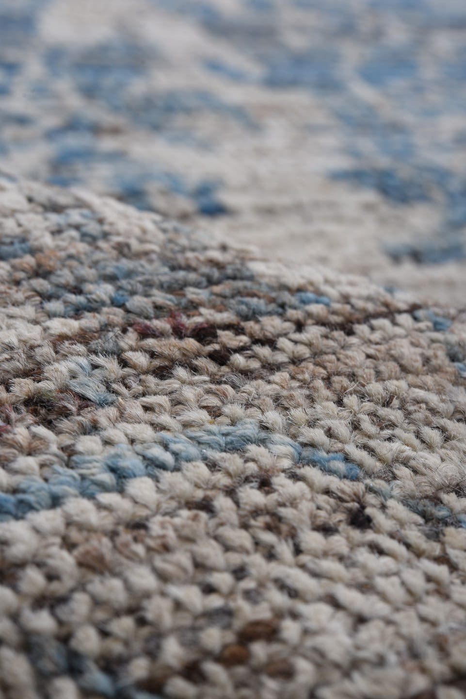 8' x 10' one-of-a-kind handmade vintage Tulu large size rug. Color palette: ivory, blue, charcoal, slate, taupe, gray, black