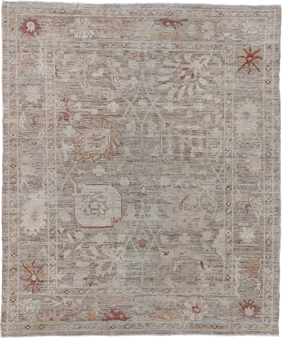 8' x 9' one-of-a-kind handmade vintage Oushak rug. Color palette: taupe, ivory, blush, rust, beige, camel, sage, gray, pink