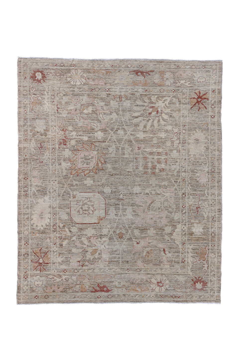 8' x 9' one-of-a-kind handmade vintage Oushak rug. Color palette: brown, gainsboro, gray, light gray, off-white, pink, red