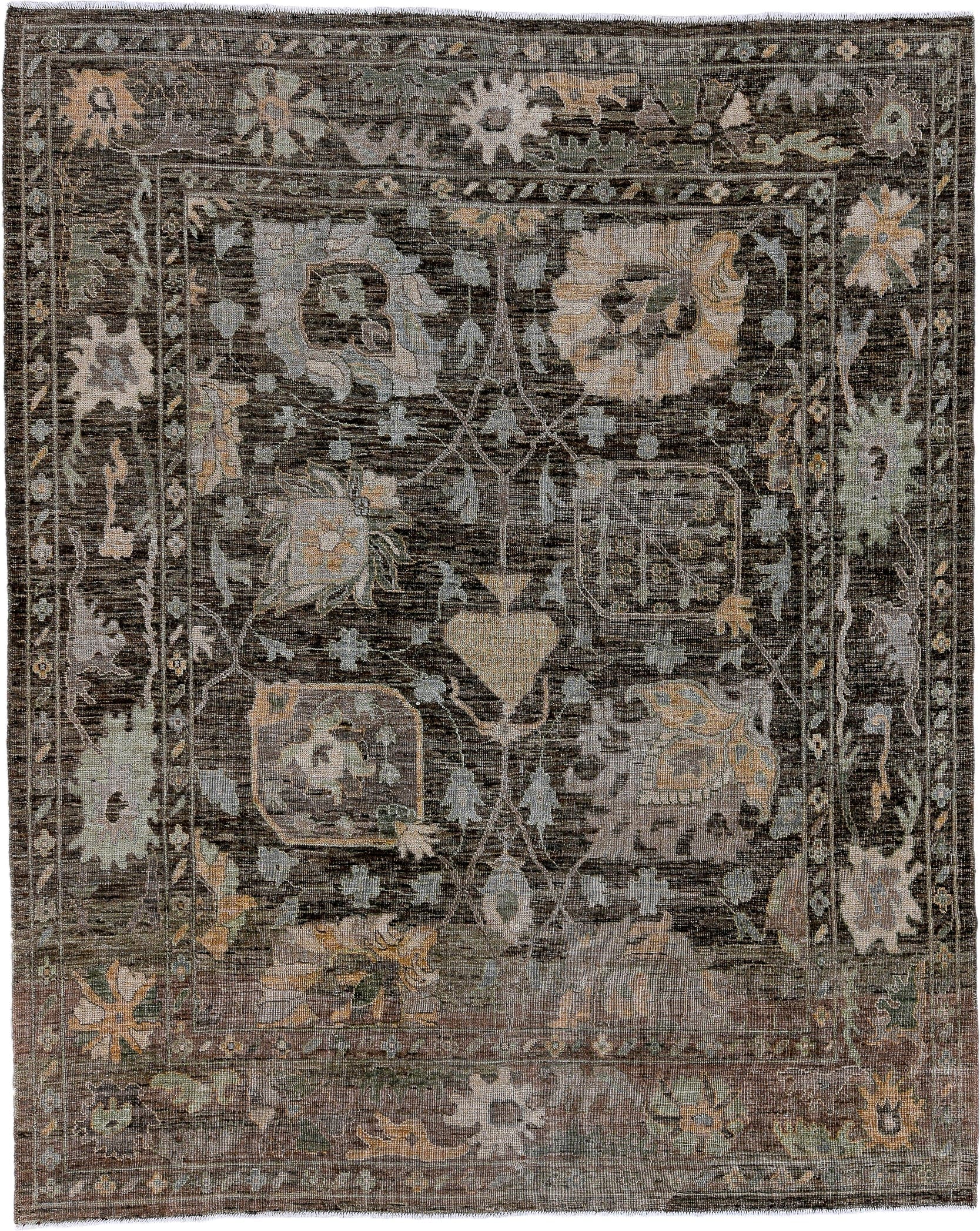 8' x 10' one-of-a-kind handmade vintage Oushak large size rug. Color palette: charcoal, taupe, sage, ivory, camel, gold