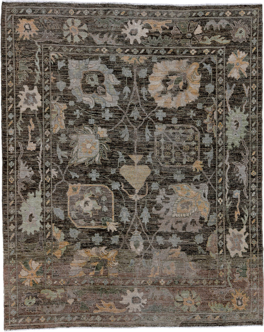8' x 10' one-of-a-kind handmade vintage Oushak large size rug. Color palette: charcoal, taupe, sage, ivory, camel, gold