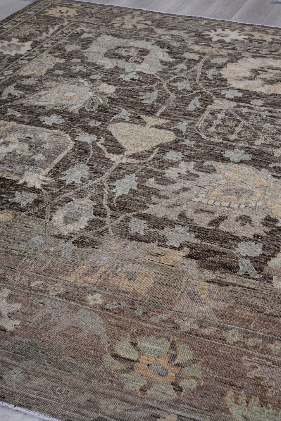 8' x 10' one-of-a-kind handmade vintage Oushak large size rug. Color palette: charcoal, taupe, sage, ivory, camel, gold