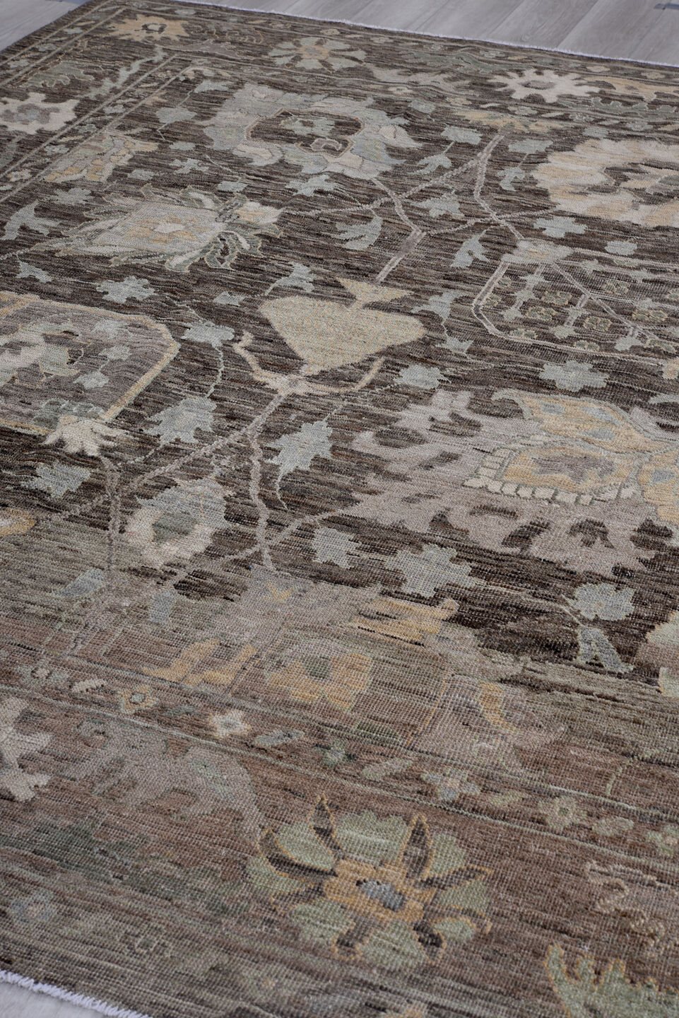 8' x 10' one-of-a-kind handmade vintage Oushak large size rug. Color palette: charcoal, taupe, sage, ivory, camel, gold
