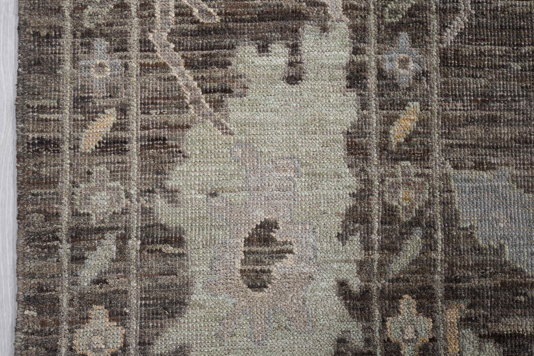 8' x 10' one-of-a-kind handmade vintage Oushak large size rug. Color palette: charcoal, taupe, sage, ivory, camel, gold