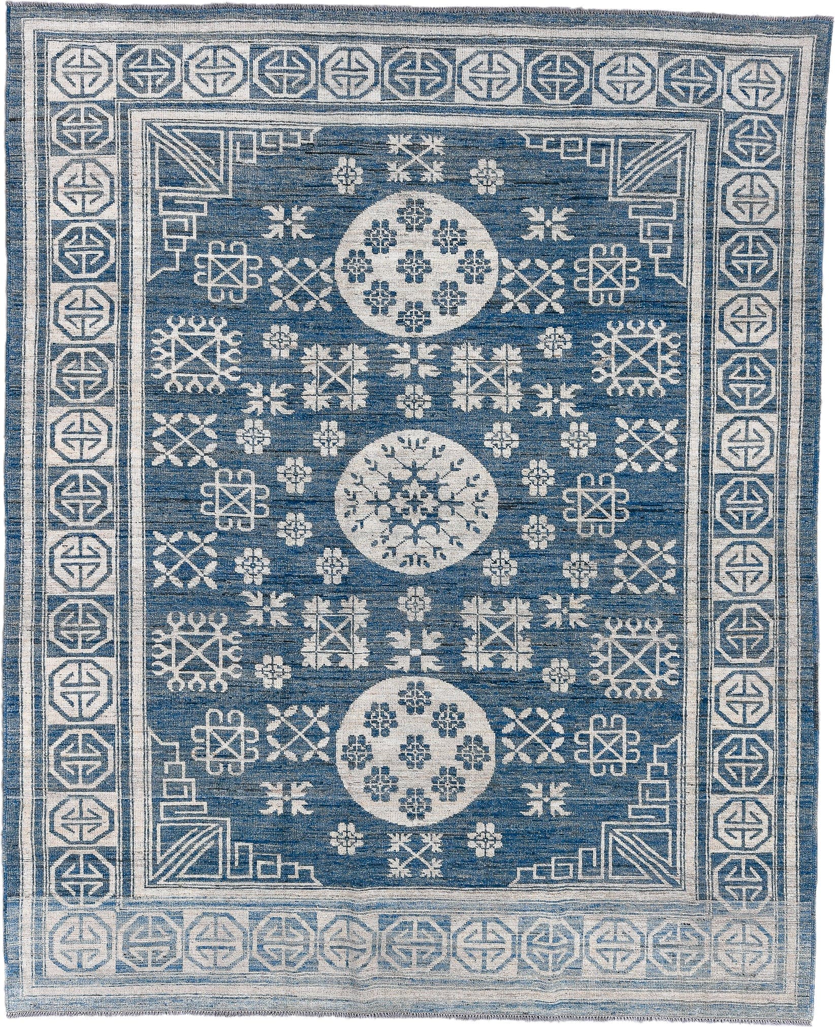 8' x 10' one-of-a-kind handmade vintage Oushak large size rug. Color palette: blue, ivory, slate, gray