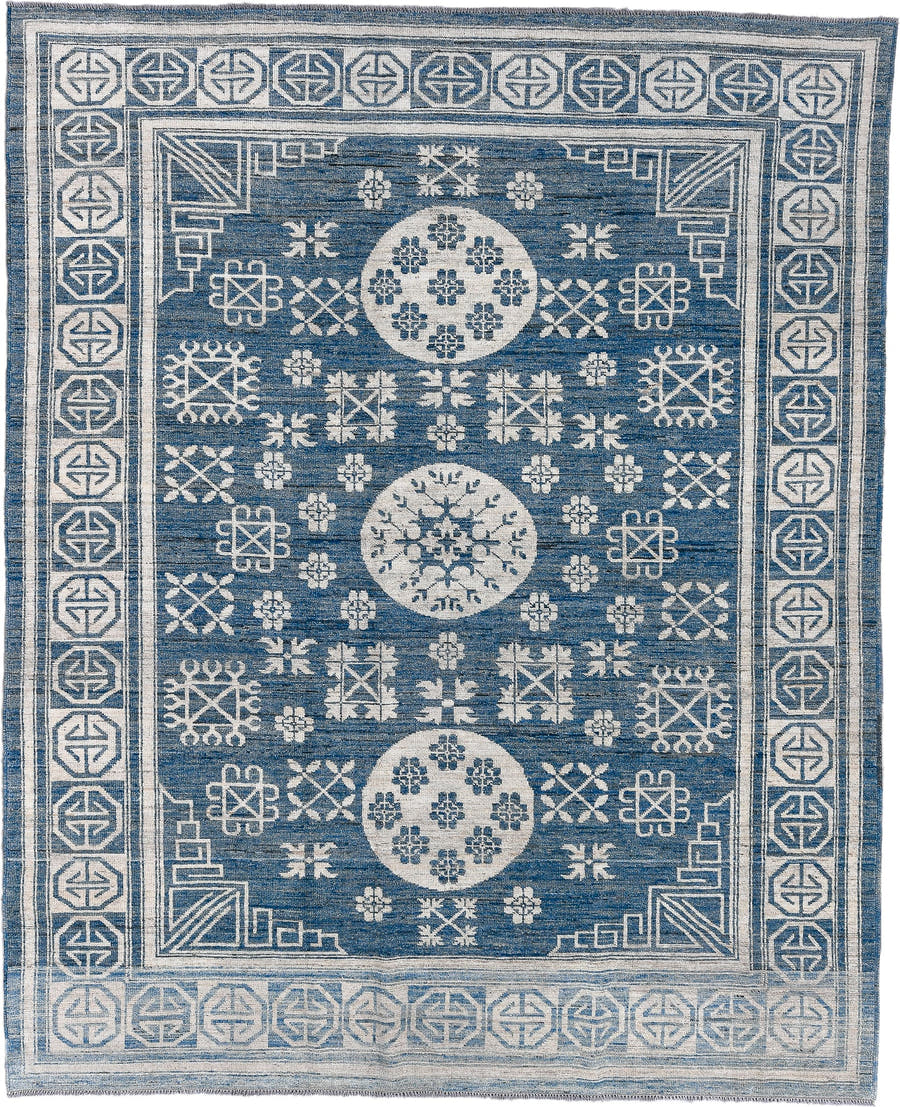 8' x 10' one-of-a-kind handmade vintage Oushak large size rug. Color palette: blue, ivory, slate, gray
