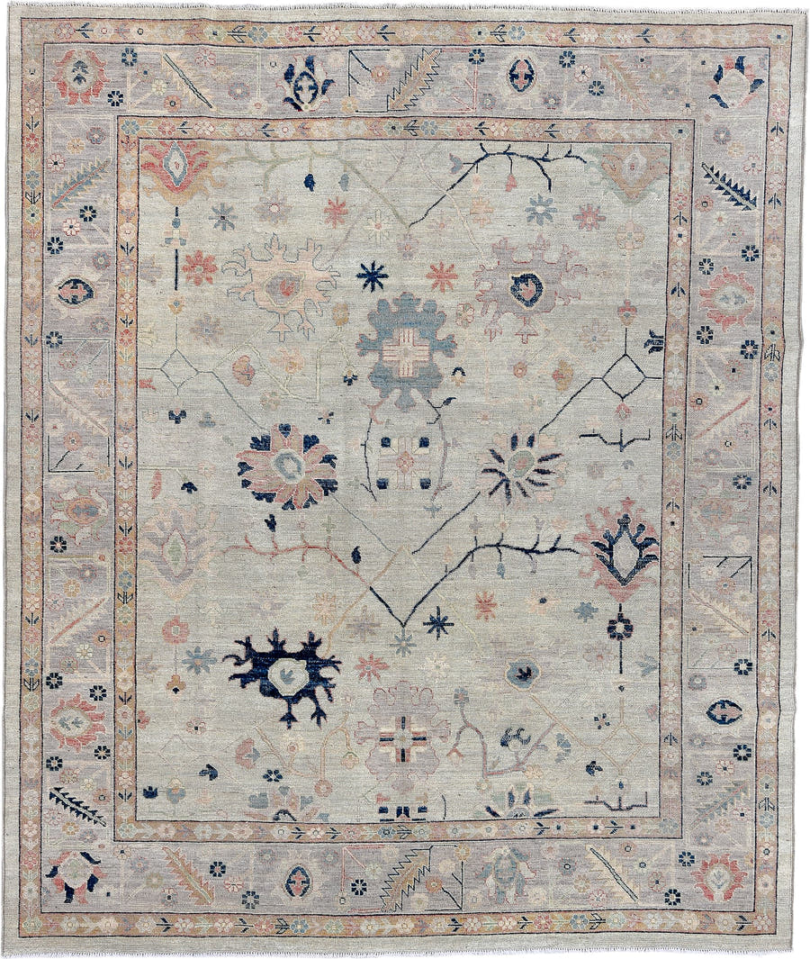 8' x 9' one-of-a-kind handmade vintage Oushak large size rug. Color palette: ivory, taupe, blush, navy, sage, gold, peach