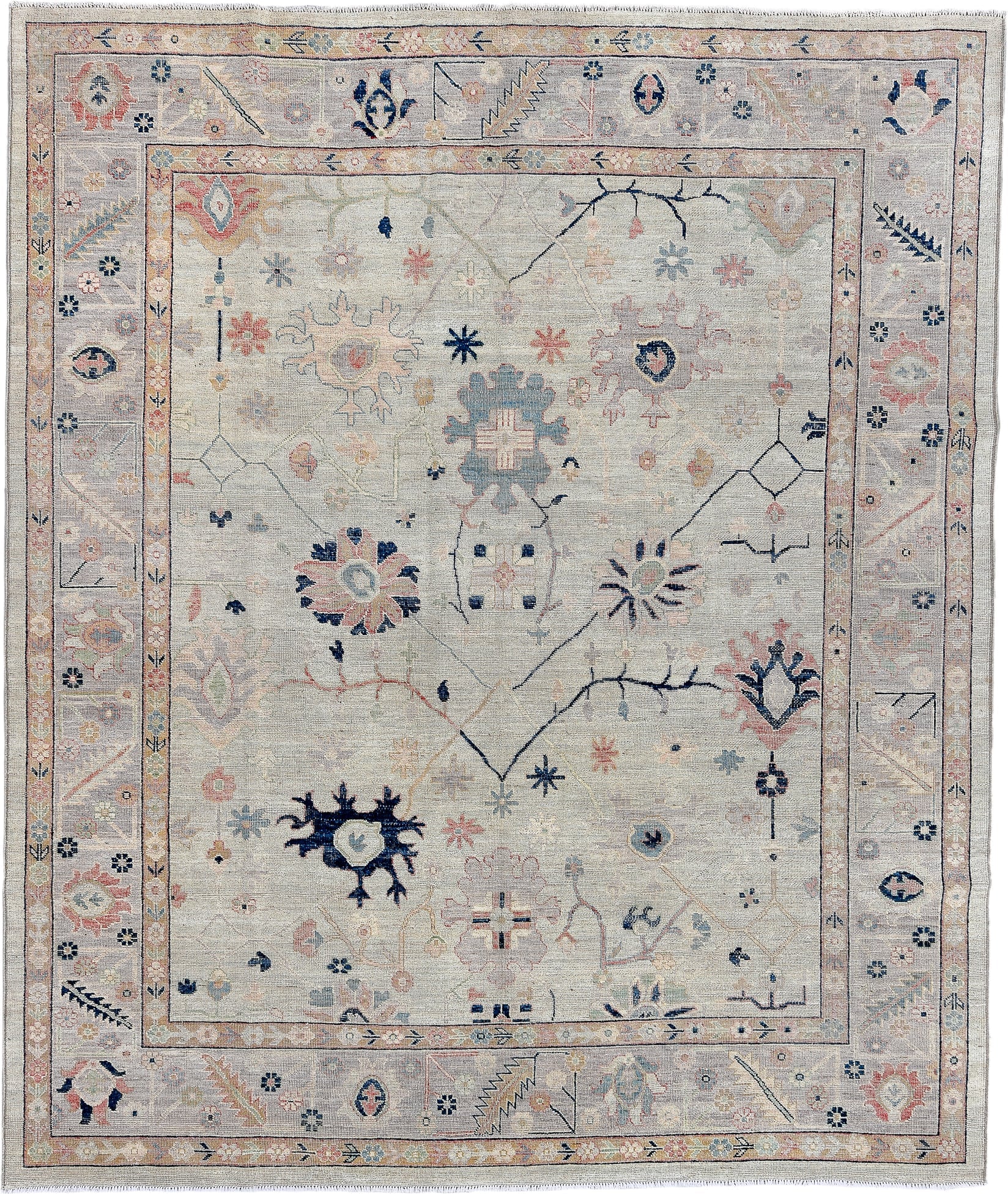 8' x 9' one-of-a-kind handmade vintage Oushak large size rug. Color palette: ivory, taupe, blush, navy, sage, gold, peach