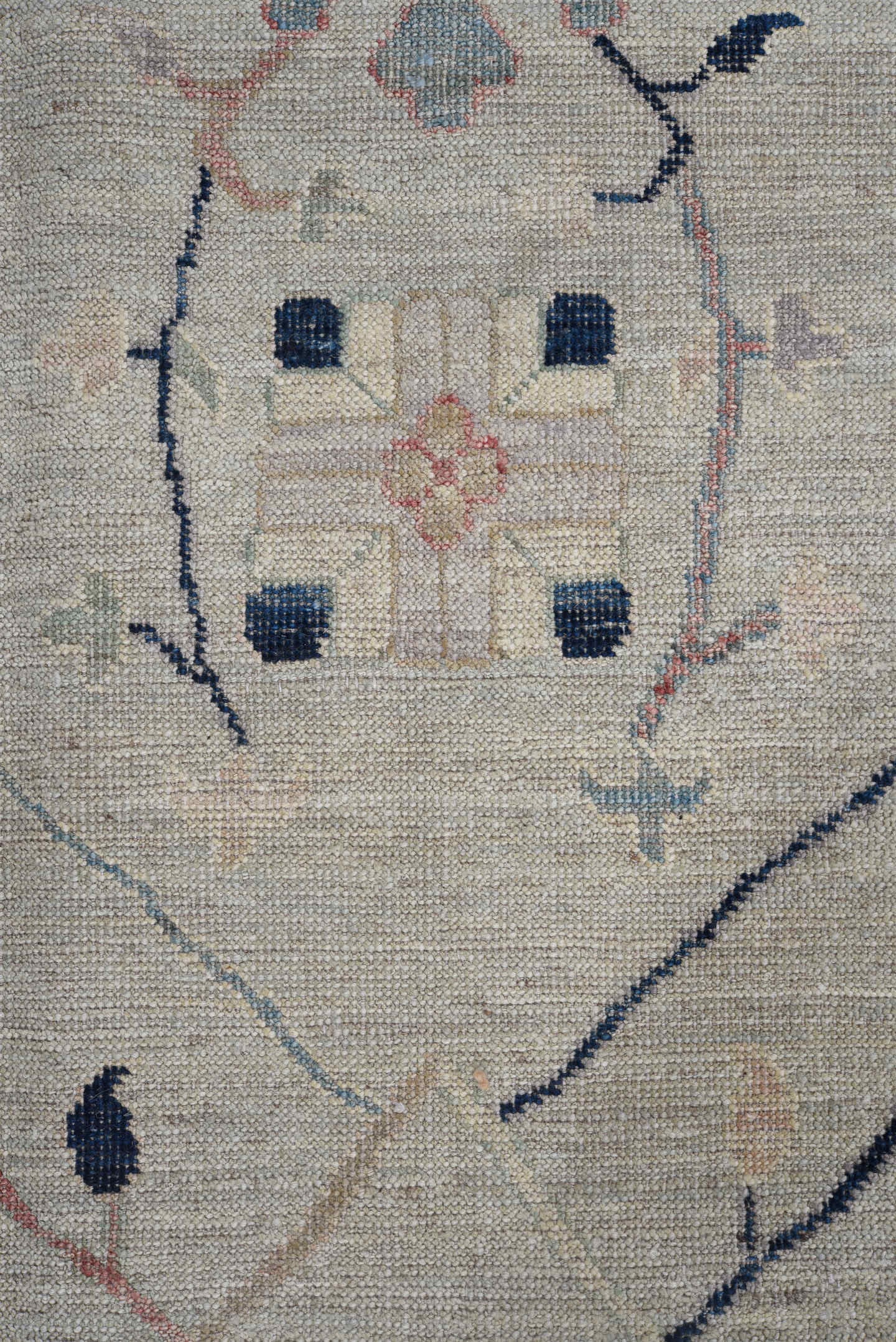 8' x 9' one-of-a-kind handmade vintage Oushak large size rug. Color palette: ivory, taupe, blush, navy, sage, gold, peach