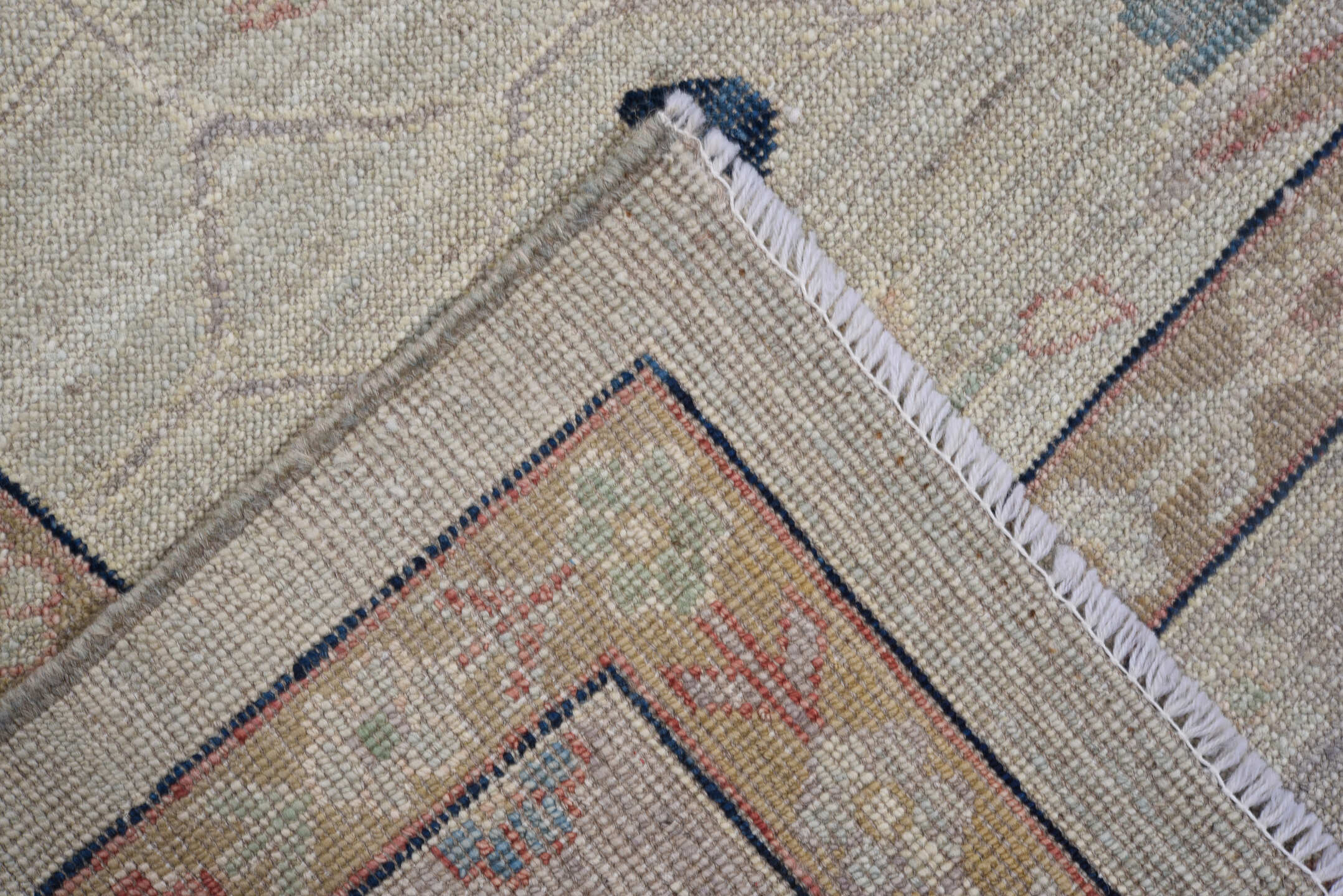 8' x 9' one-of-a-kind handmade vintage Oushak large size rug. Color palette: ivory, taupe, blush, navy, sage, gold, peach