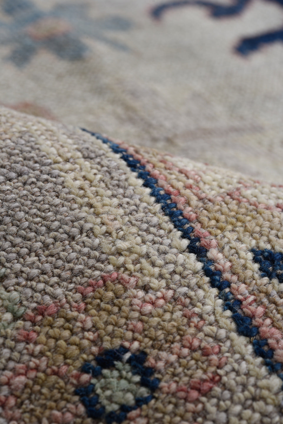8' x 9' one-of-a-kind handmade vintage Oushak large size rug. Color palette: ivory, taupe, blush, navy, sage, gold, peach