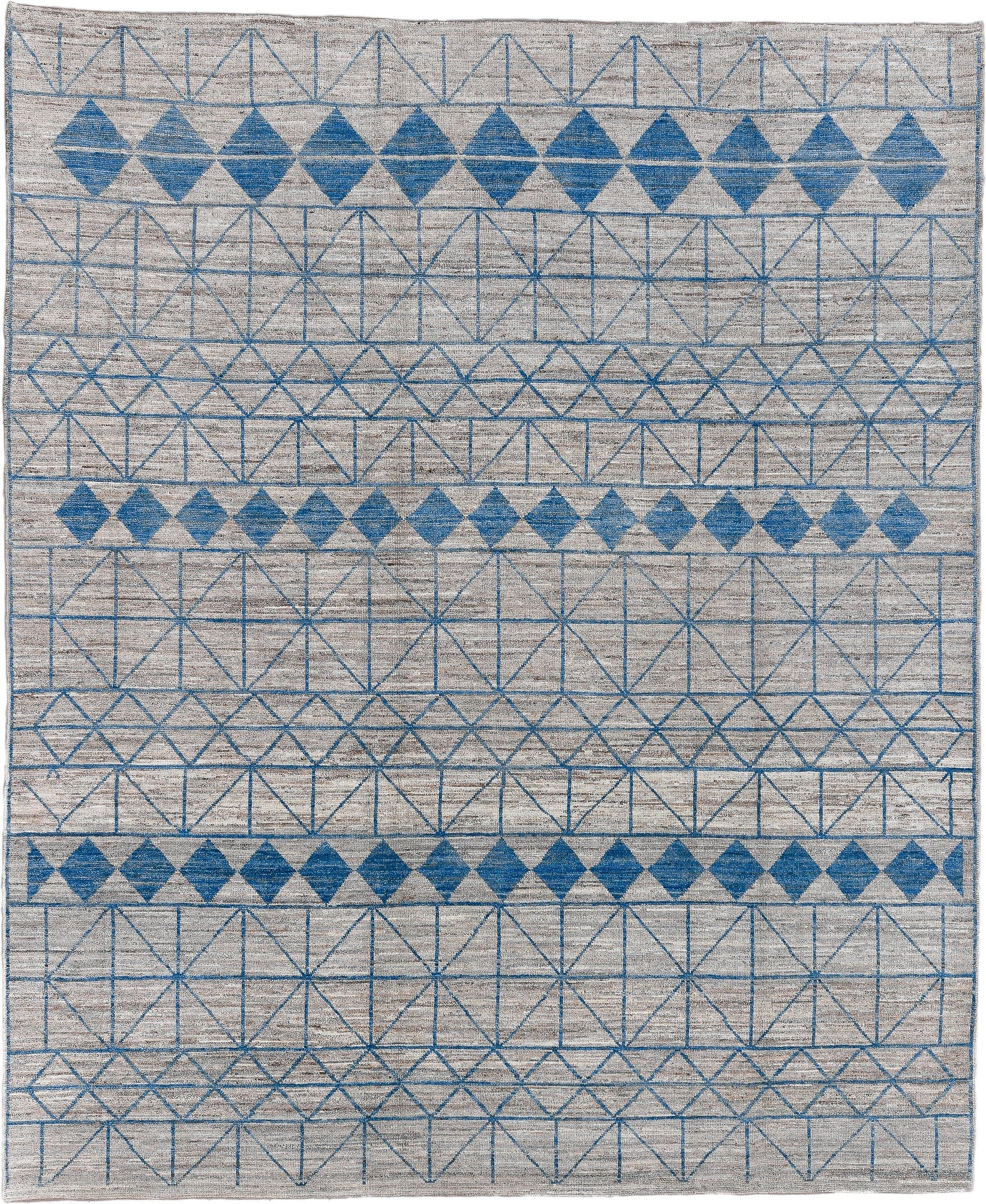 9' x 11' one-of-a-kind handmade vintage Tulu large size rug. Color palette: ivory, blue, slate, gray