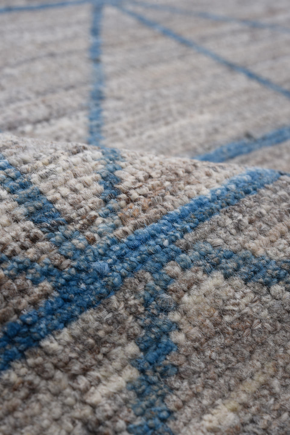 9' x 11' one-of-a-kind handmade vintage Tulu large size rug. Color palette: ivory, blue, slate, gray