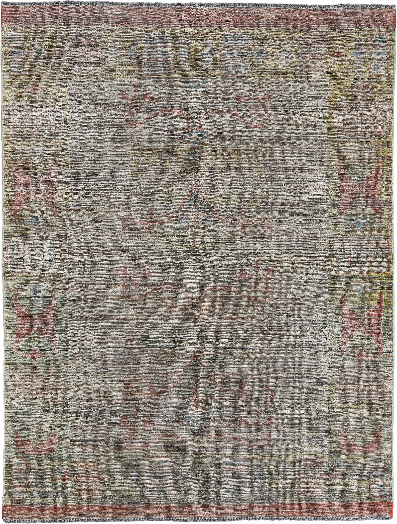 7' x 10' one-of-a-kind handmade vintage Oushak large size rug. Color palette: taupe, sage, coral, ivory, gold, dusty rose