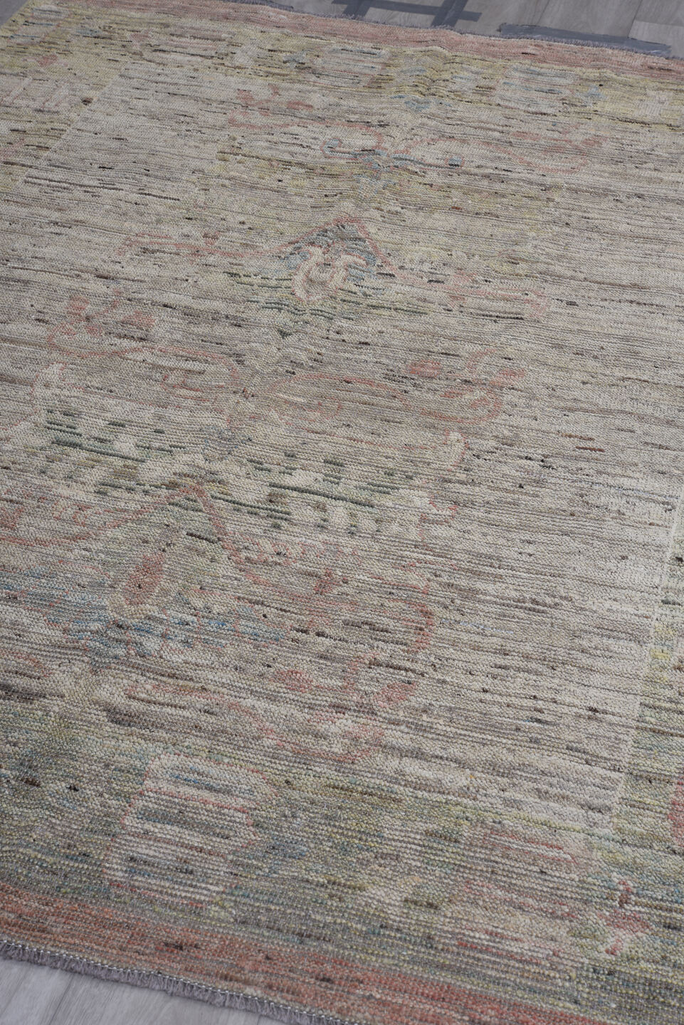 7' x 10' one-of-a-kind handmade vintage Oushak large size rug. Color palette: taupe, sage, coral, ivory, gold, dusty rose