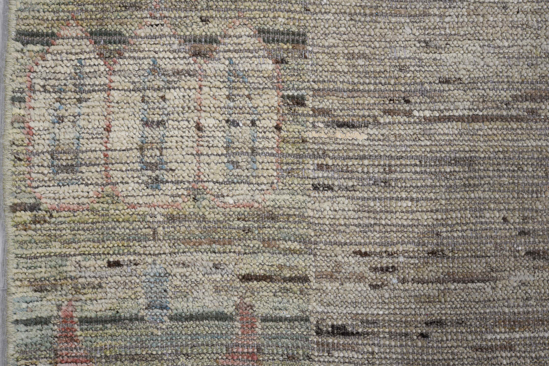 7' x 10' one-of-a-kind handmade vintage Oushak large size rug. Color palette: taupe, sage, coral, ivory, gold, dusty rose