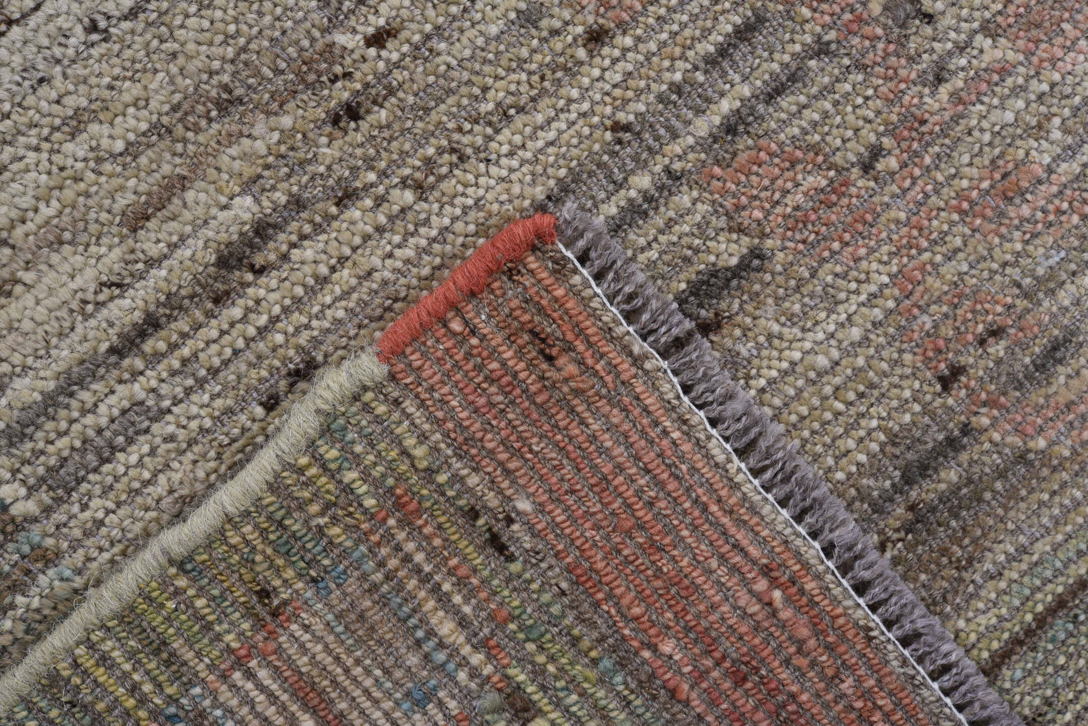 7' x 10' one-of-a-kind handmade vintage Oushak large size rug. Color palette: taupe, sage, coral, ivory, gold, dusty rose