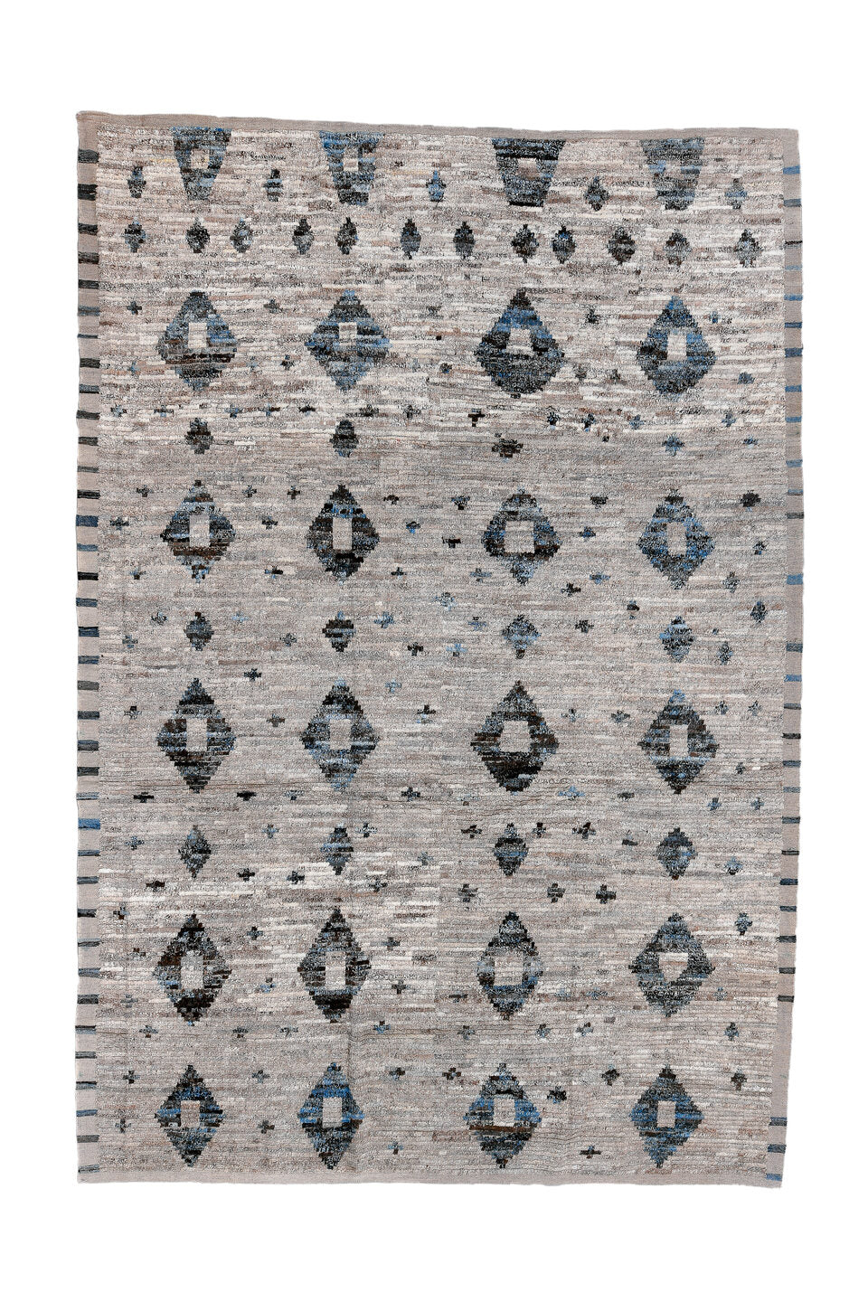 8' x 12' one-of-a-kind handmade vintage Tulu large size rug. Color palette: black, blue, charcoal, dark gray, dim gray