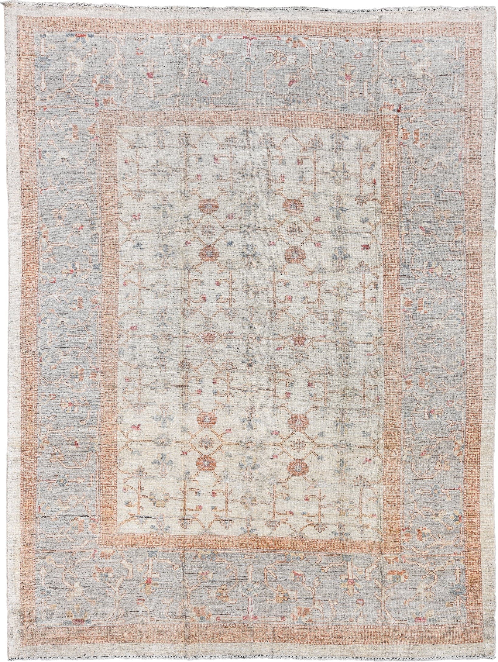 8' x 11' one-of-a-kind handmade vintage Oushak large size rug. Color palette: ivory, pale blue, peach, blush, taupe