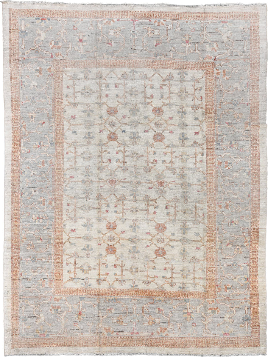 8' x 11' one-of-a-kind handmade vintage Oushak large size rug. Color palette: ivory, pale blue, peach, blush, taupe