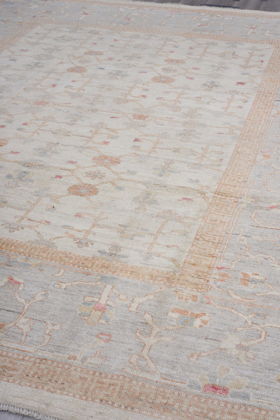 8' x 11' one-of-a-kind handmade vintage Oushak large size rug. Color palette: ivory, pale blue, peach, blush, taupe