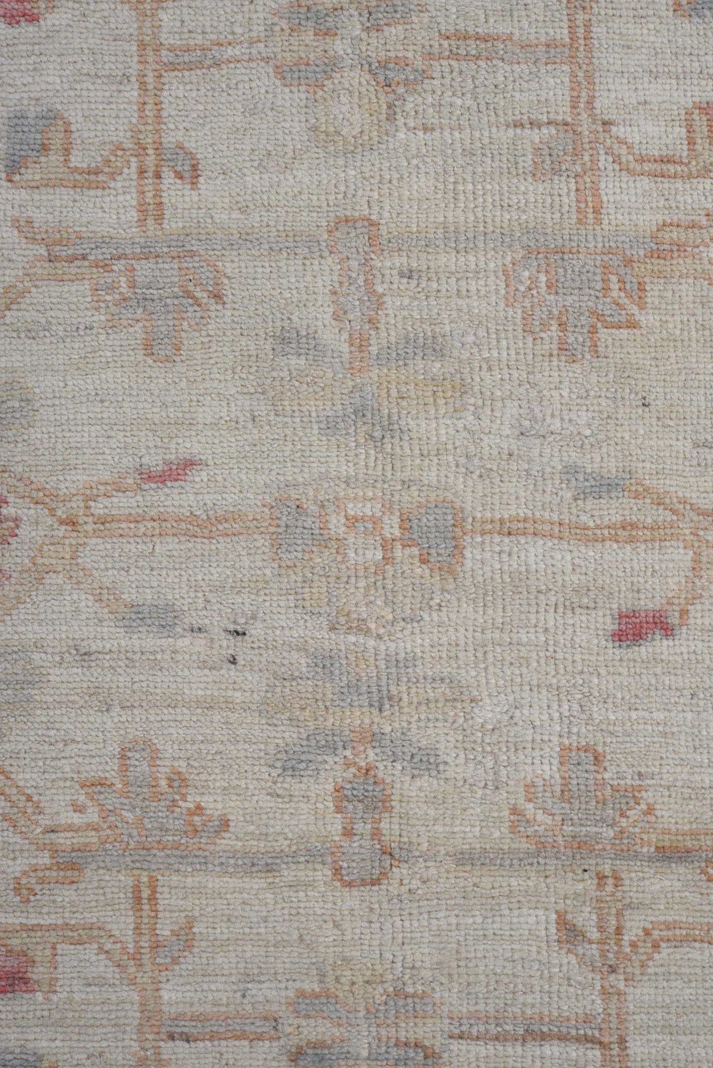 8' x 11' one-of-a-kind handmade vintage Oushak large size rug. Color palette: ivory, pale blue, peach, blush, taupe