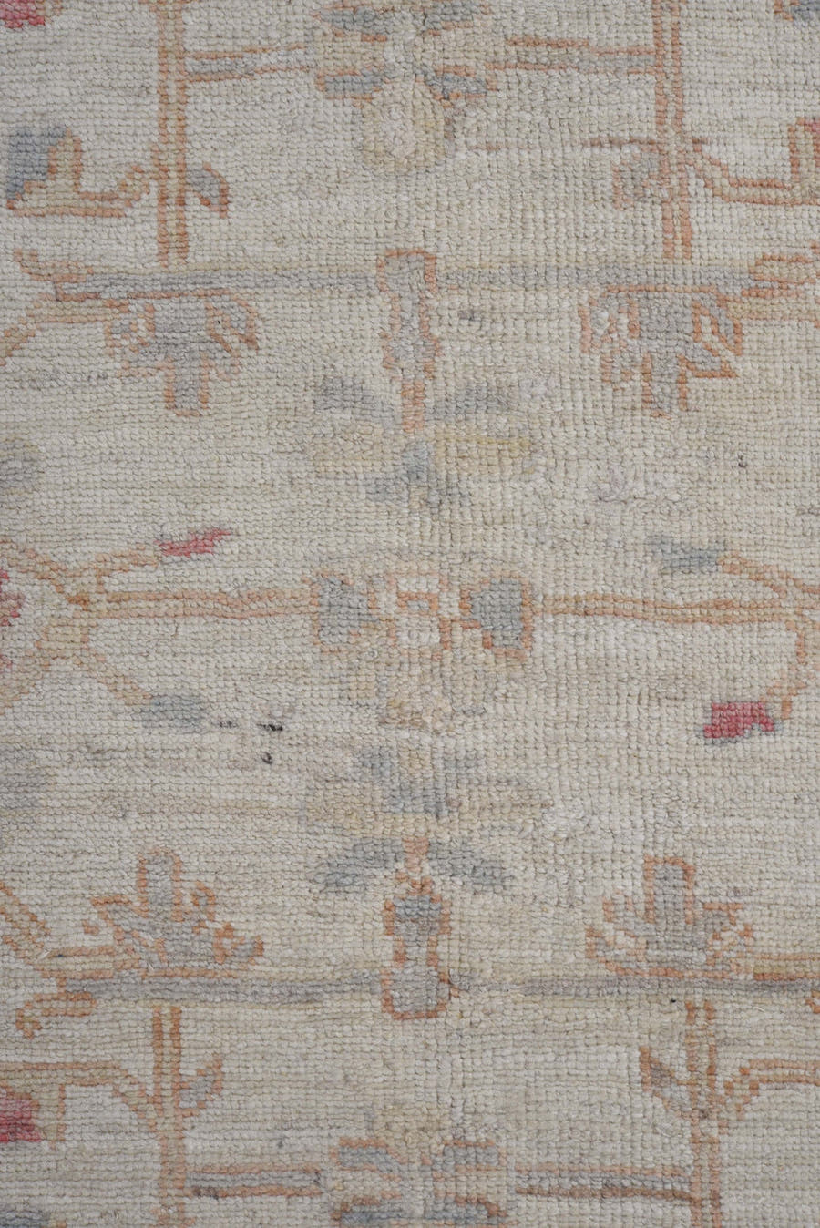 8' x 11' one-of-a-kind handmade vintage Oushak large size rug. Color palette: ivory, pale blue, peach, blush, taupe