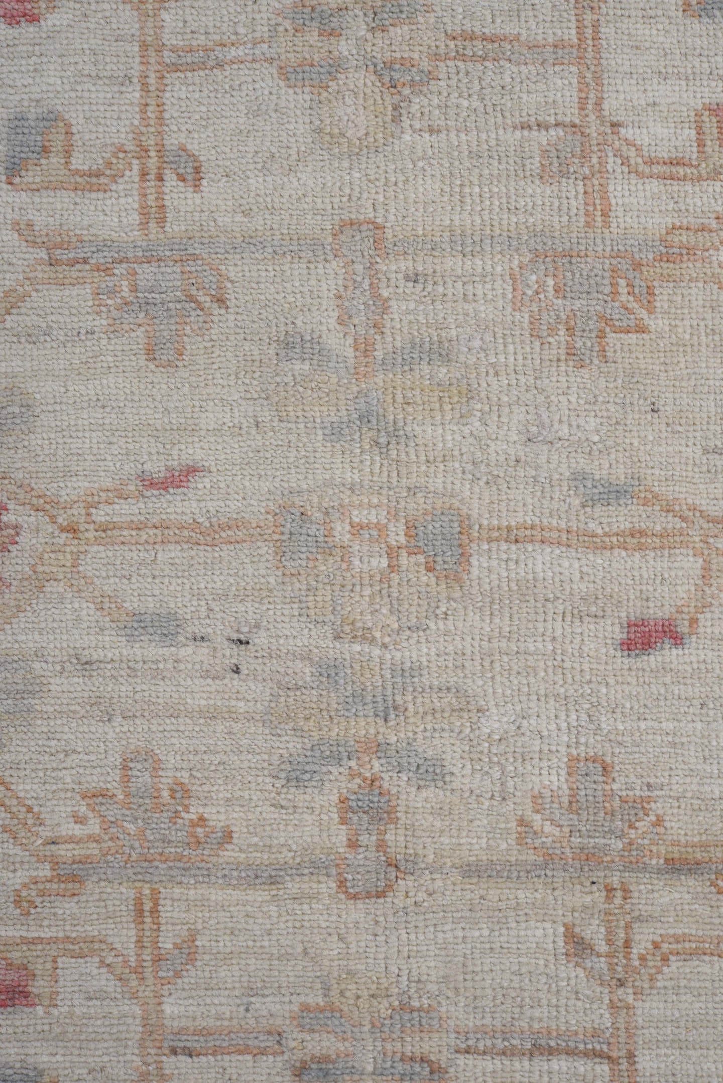 8' x 11' one-of-a-kind handmade vintage Oushak large size rug. Color palette: ivory, pale blue, peach, blush, taupe