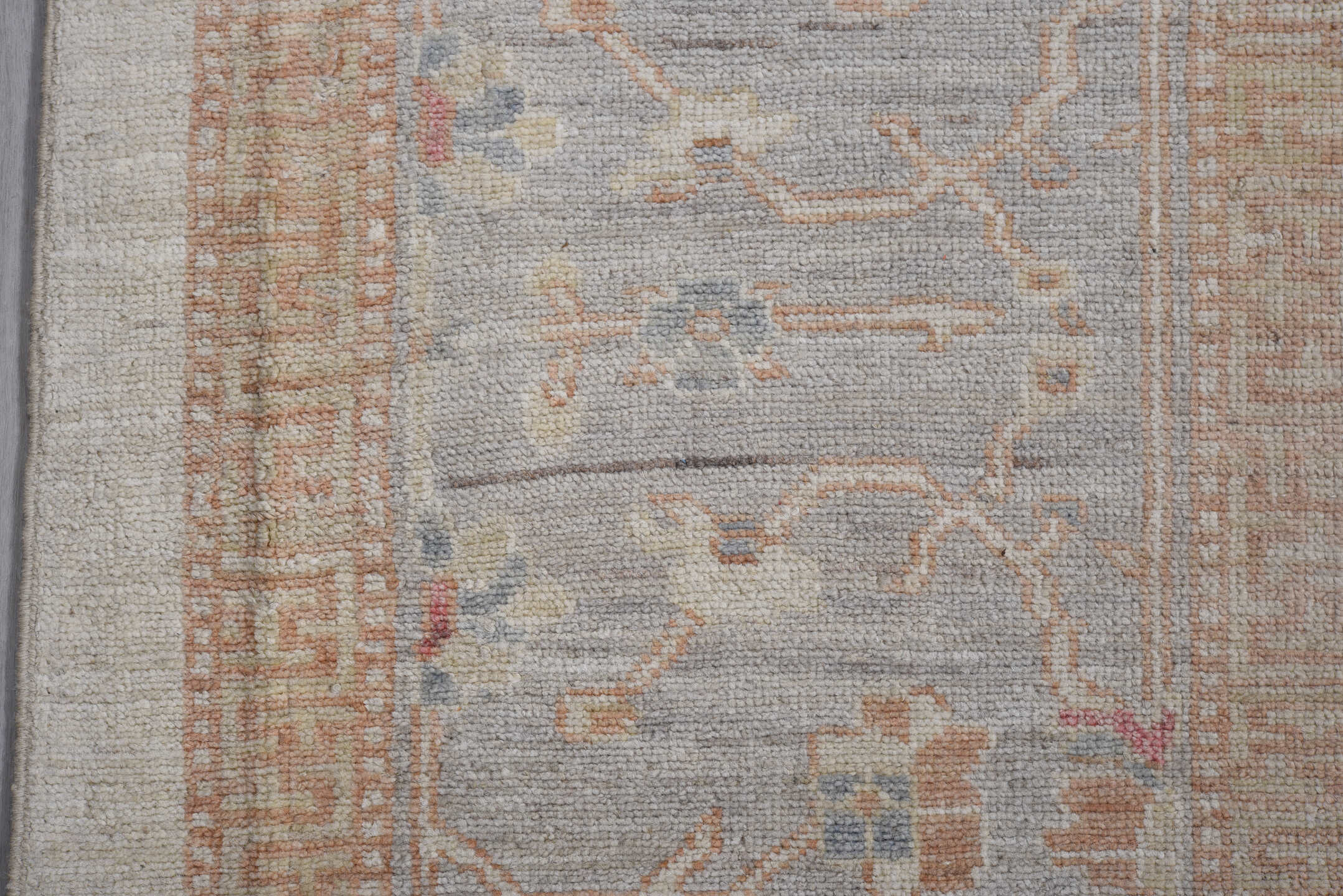8' x 11' one-of-a-kind handmade vintage Oushak large size rug. Color palette: ivory, pale blue, peach, blush, taupe
