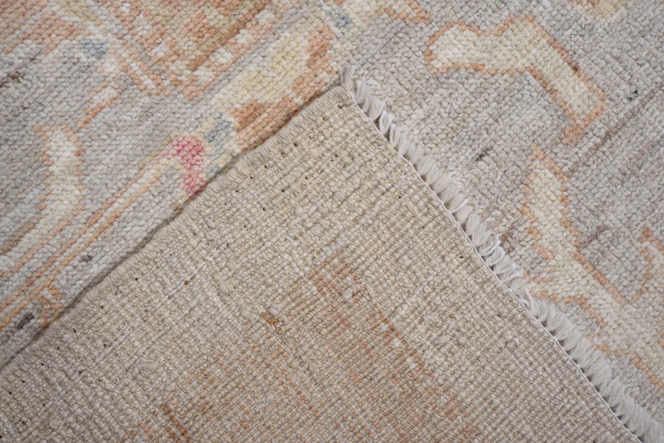 8' x 11' one-of-a-kind handmade vintage Oushak large size rug. Color palette: ivory, pale blue, peach, blush, taupe