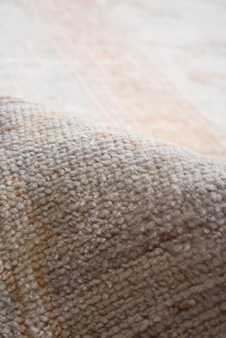 8' x 11' one-of-a-kind handmade vintage Oushak large size rug. Color palette: ivory, pale blue, peach, blush, taupe