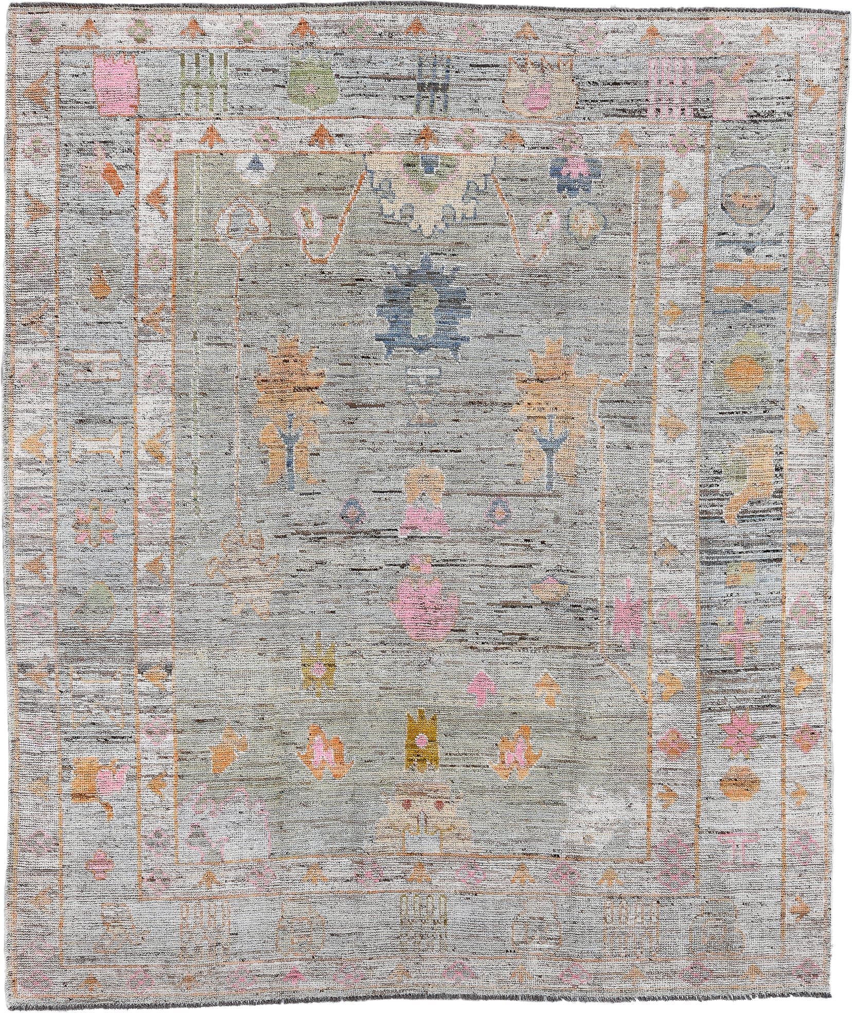 8' x 9' one-of-a-kind handmade vintage Oushak rug. Color palette: gray, blush, peach, ivory, blue, olive, gold, taupe, pink