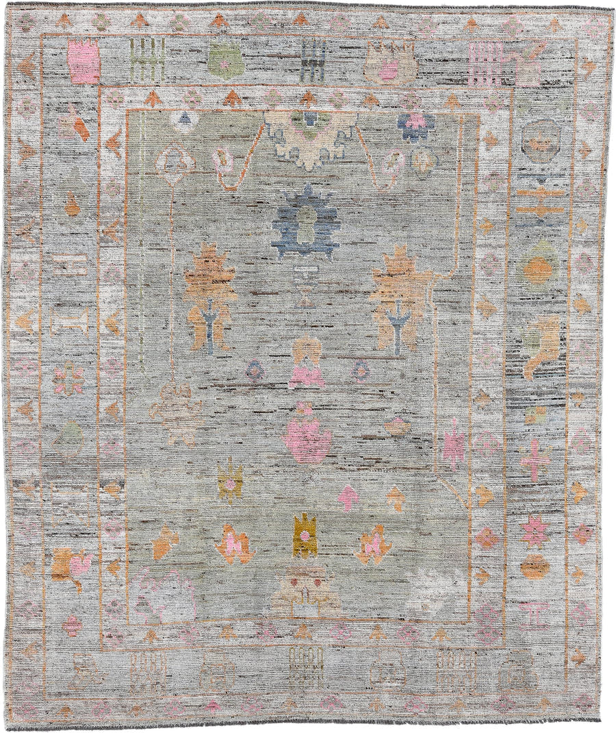 8' x 9' one-of-a-kind handmade vintage Oushak rug. Color palette: gray, blush, peach, ivory, blue, olive, gold, taupe, pink
