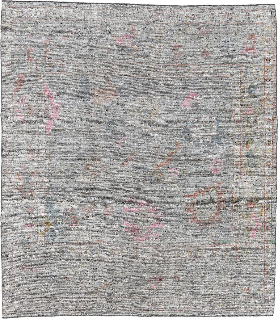 8' x 9' one-of-a-kind handmade vintage Oushak large size rug. Color palette: gray, ivory, blush, muted blue, apricot, taupe