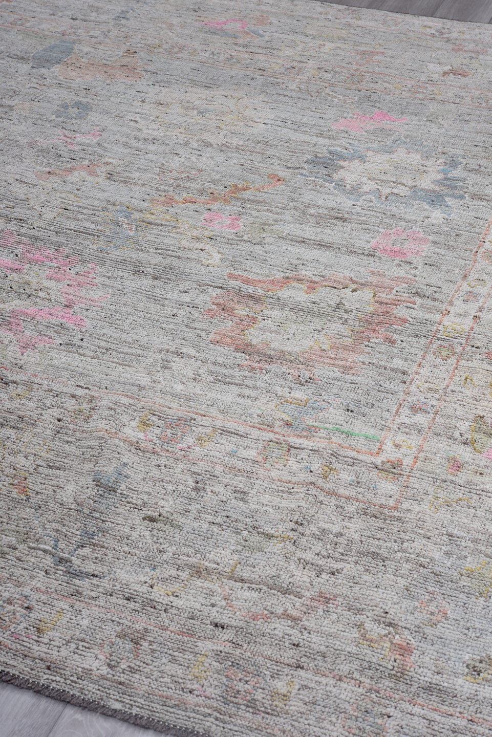 8' x 9' one-of-a-kind handmade vintage Oushak large size rug. Color palette: gray, ivory, blush, muted blue, apricot, taupe