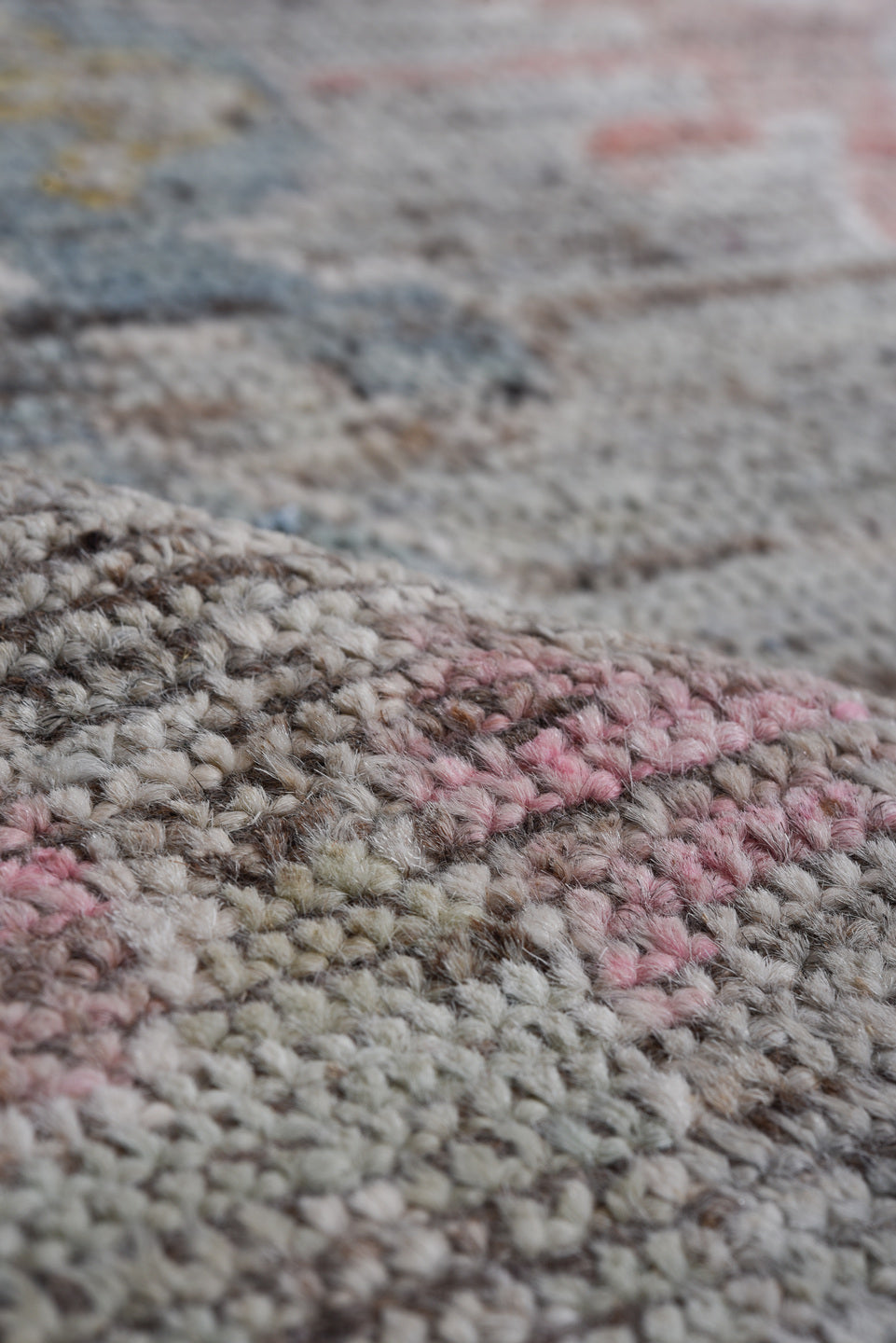 8' x 9' one-of-a-kind handmade vintage Oushak large size rug. Color palette: gray, ivory, blush, muted blue, apricot, taupe