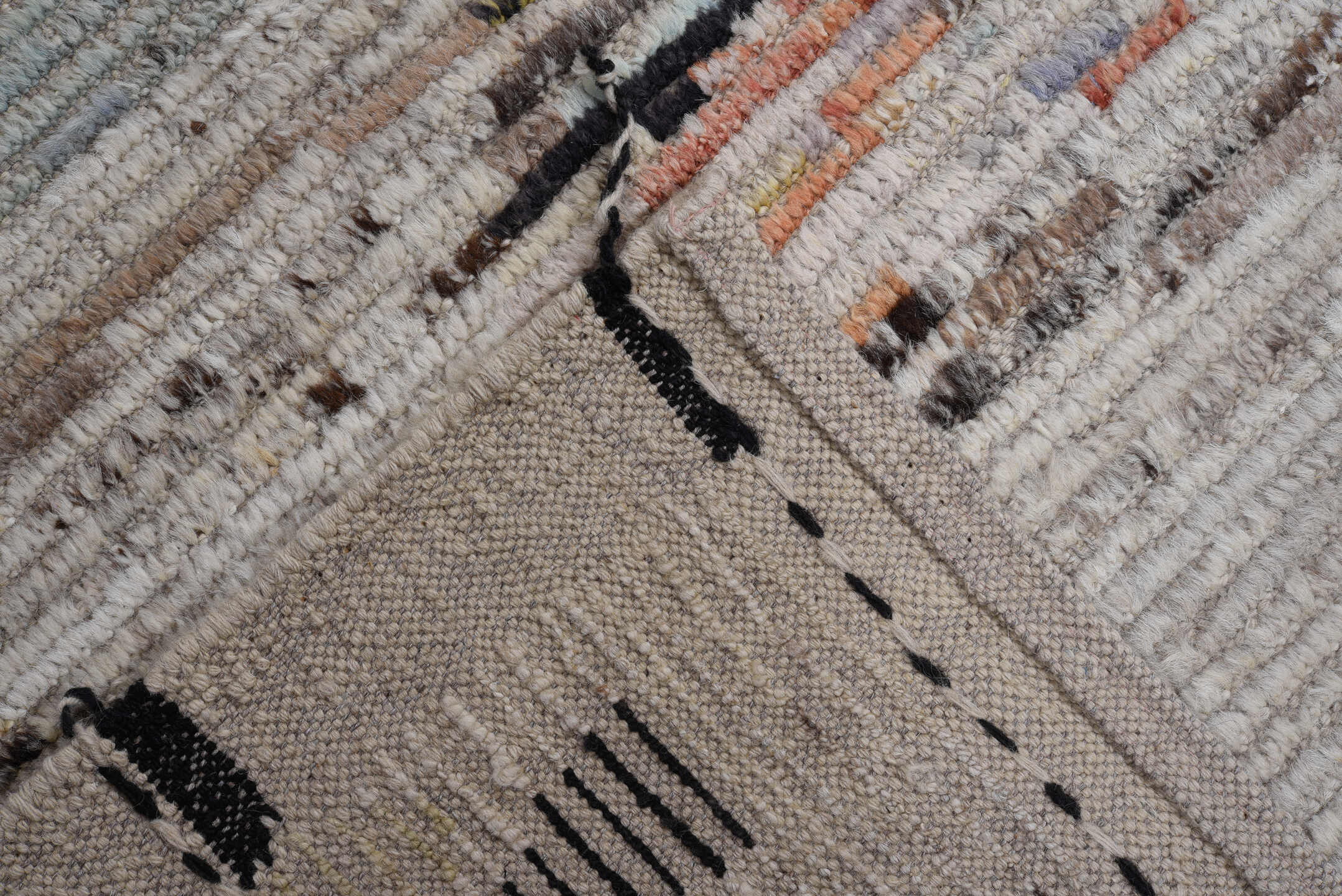 7' x 9' one-of-a-kind handmade vintage Tulu rug. Color palette: black, blue, brown, charcoal, dim gray, gainsboro, gray