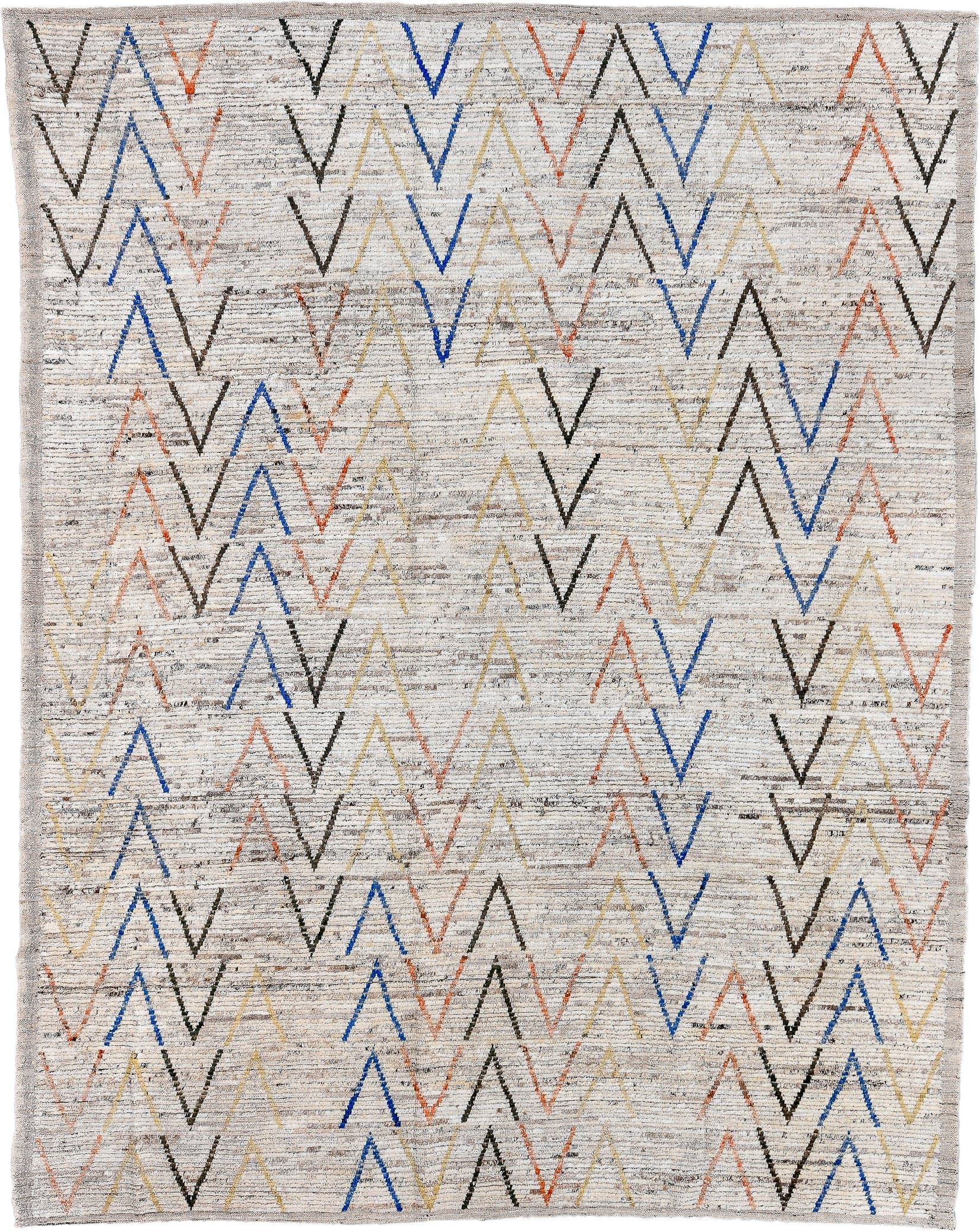 9' x 11' one-of-a-kind handmade vintage Tulu large size rug. Color palette: ivory, taupe, charcoal, cobalt, soft_gold, coral
