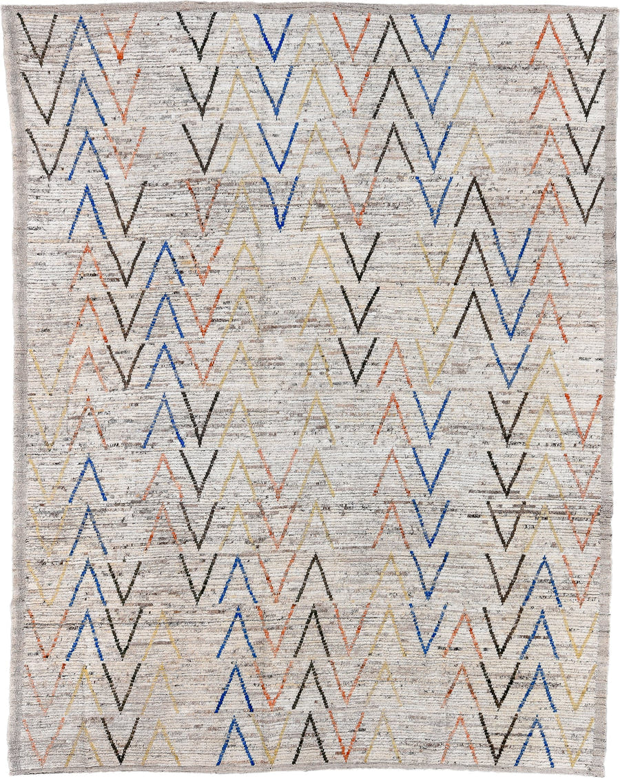 9' x 11' one-of-a-kind handmade vintage Tulu large size rug. Color palette: ivory, taupe, charcoal, cobalt, soft_gold, coral