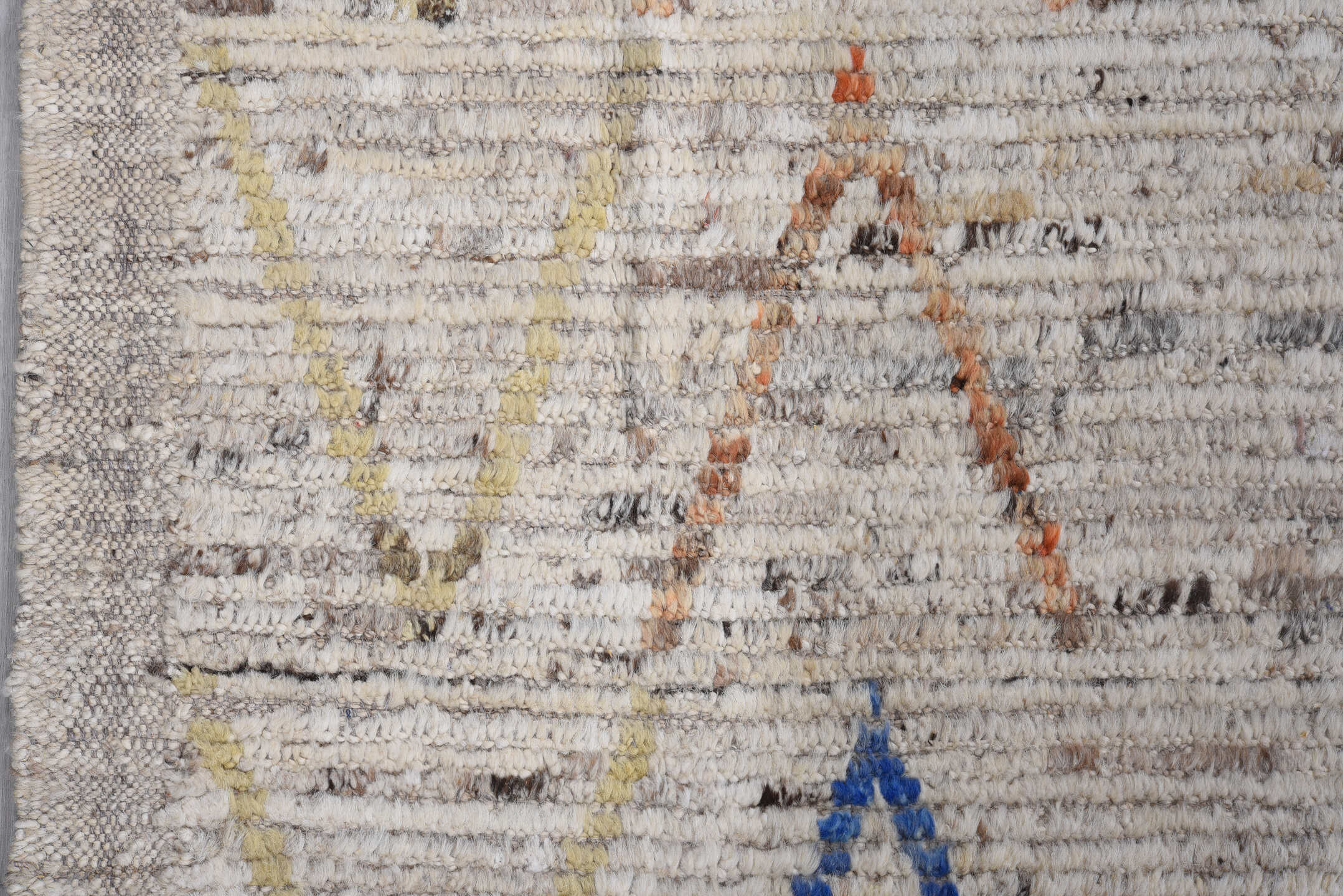 9' x 11' one-of-a-kind handmade vintage Tulu large size rug. Color palette: ivory, taupe, charcoal, cobalt, soft_gold, coral