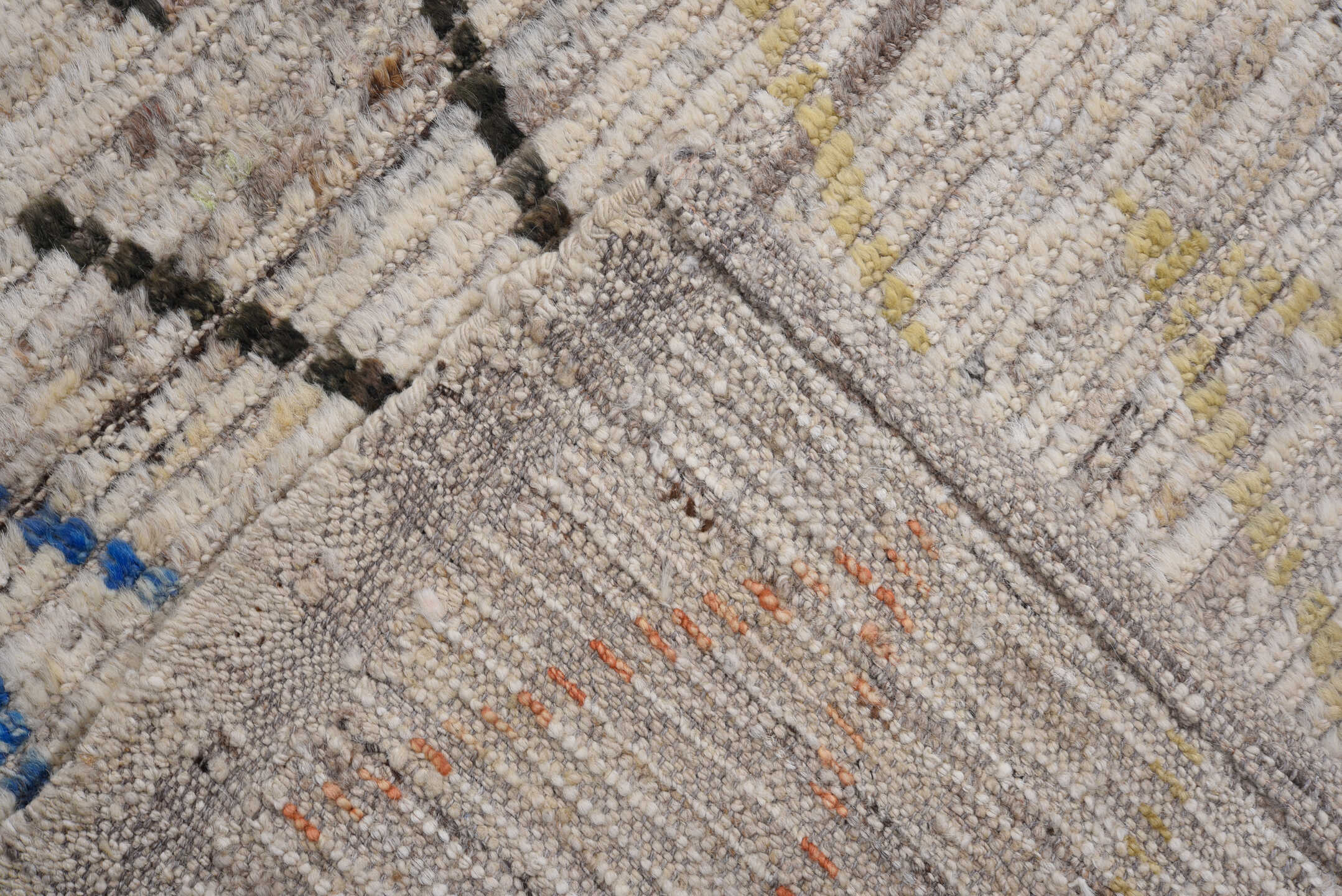9' x 11' one-of-a-kind handmade vintage Tulu large size rug. Color palette: ivory, taupe, charcoal, cobalt, soft_gold, coral