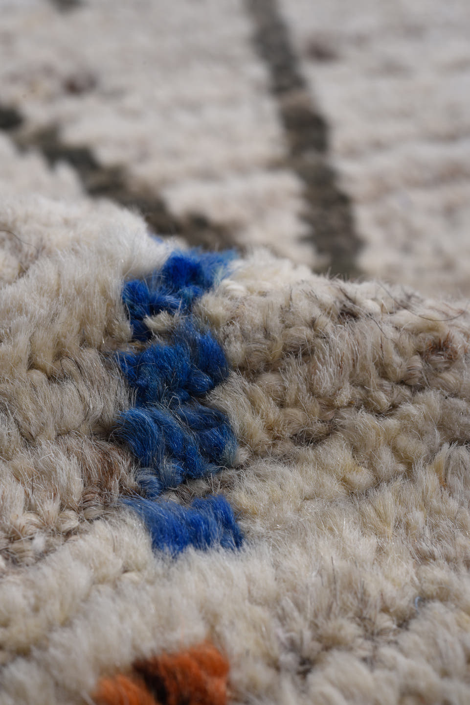 9' x 11' one-of-a-kind handmade vintage Tulu large size rug. Color palette: ivory, taupe, charcoal, cobalt, soft_gold, coral