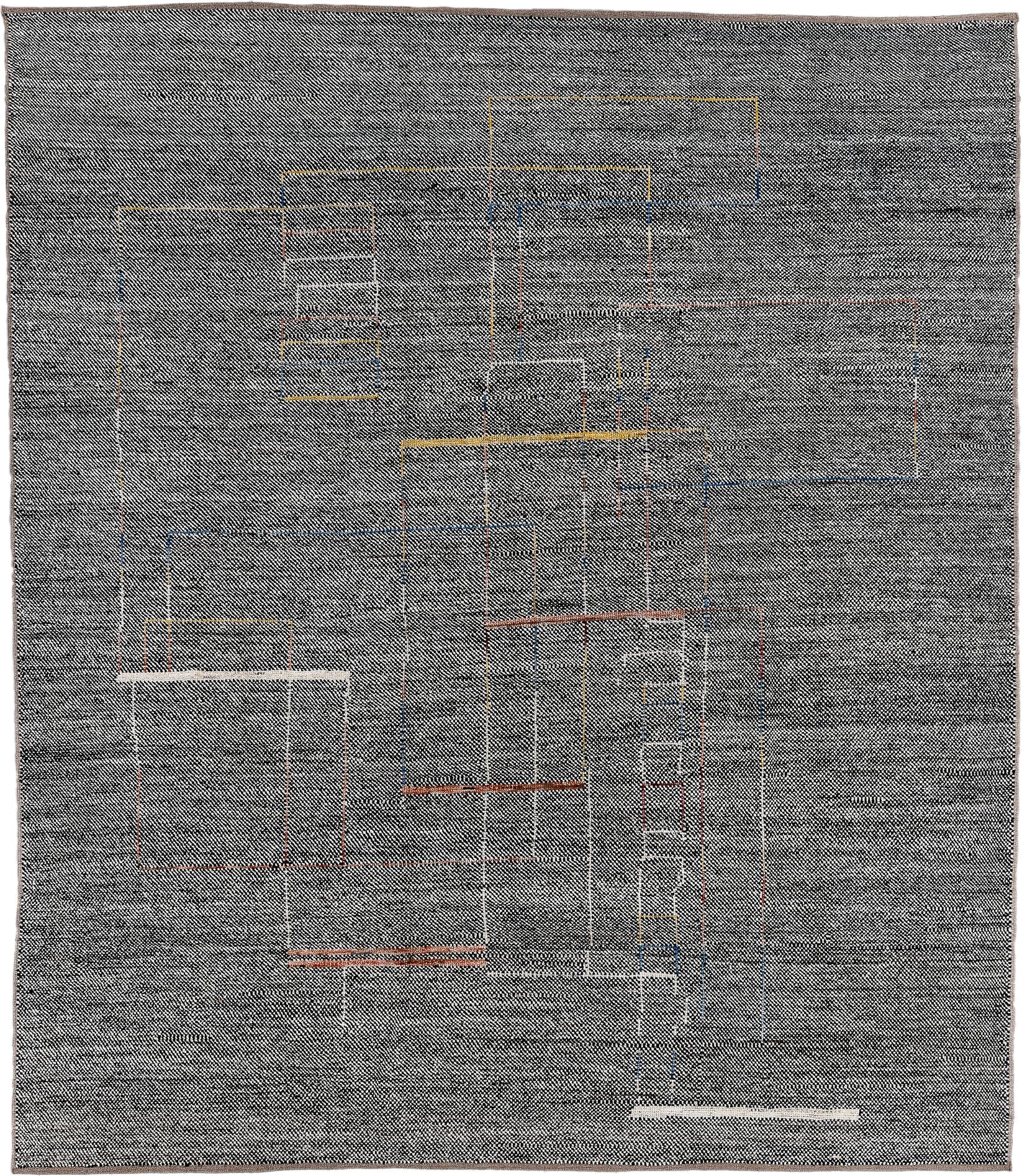 8' x 9' one-of-a-kind handmade vintage Tulu rug. Color palette: charcoal, ivory, taupe, rust, gold, slate, blue, gray, black